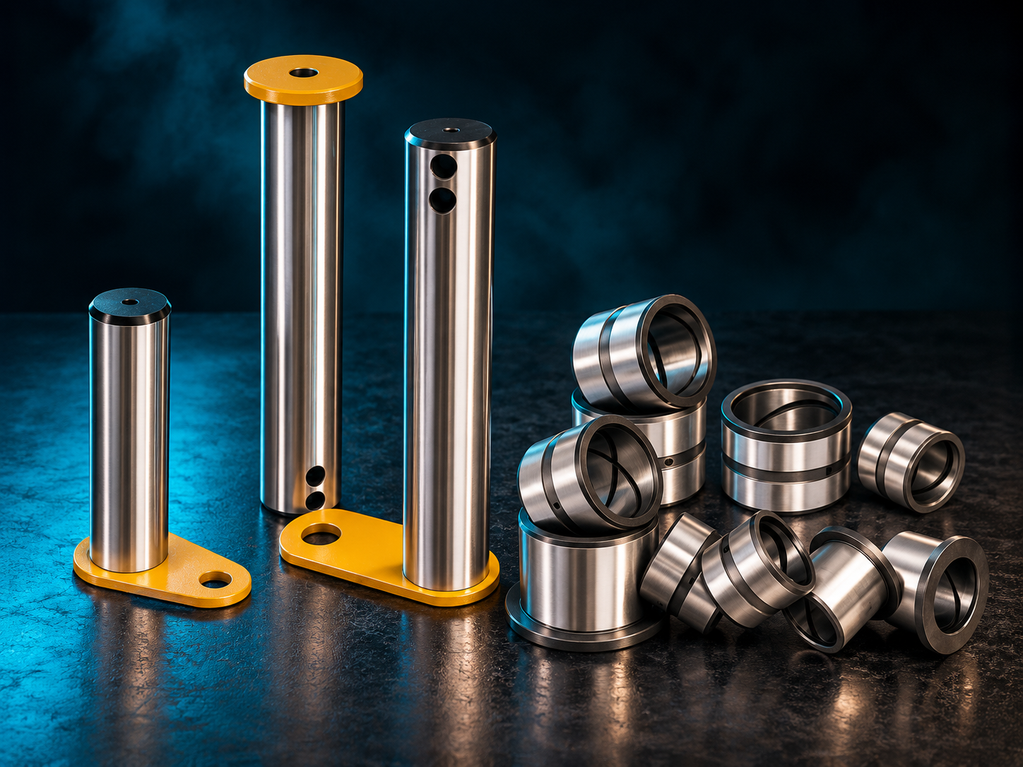 Hardened steel bucket pins and bushes for excavators