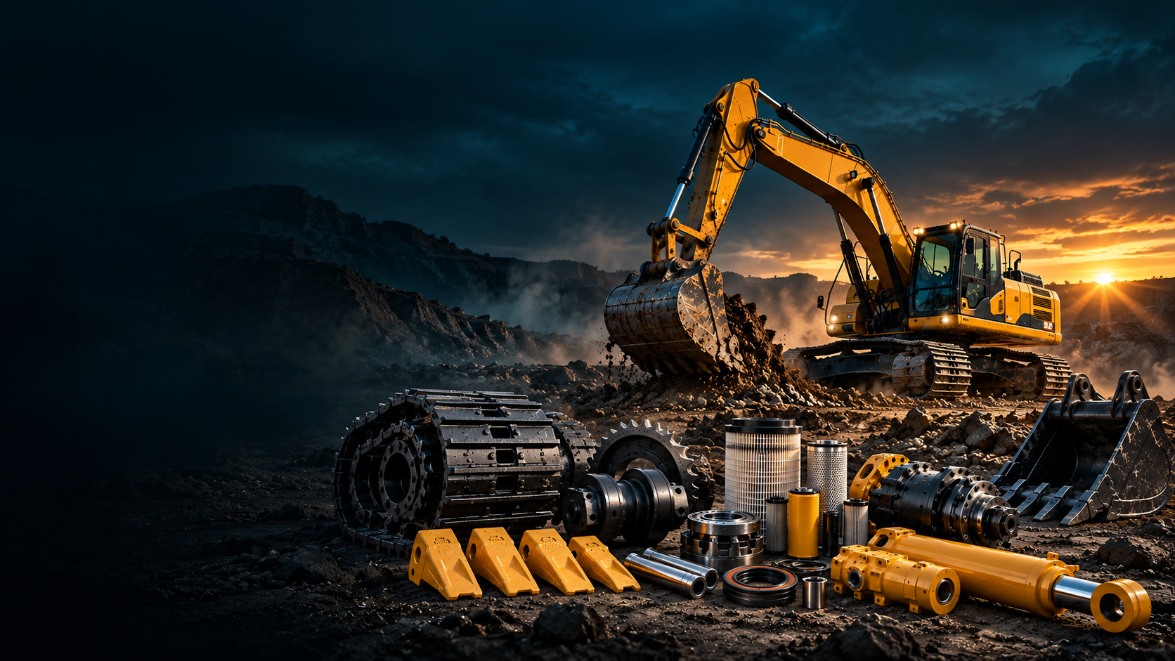 Excavator on a construction site with replacement spare parts in the foreground